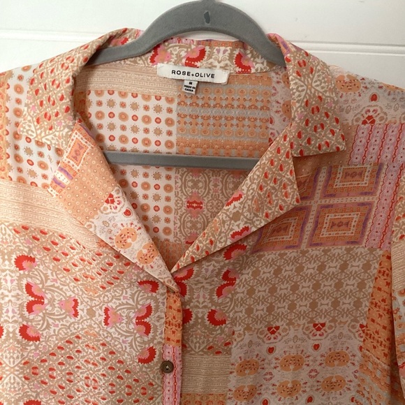 Rose & Olive orange & Tan Patchwork Print Crop ButtonUp Blouse Top Size Medium - Picture 2 of 9